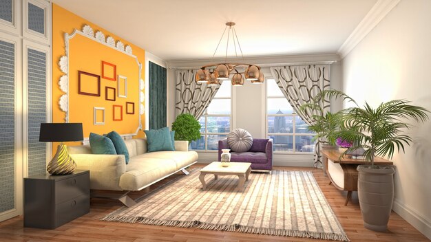 Representación 3D de una moderna sala de estar
