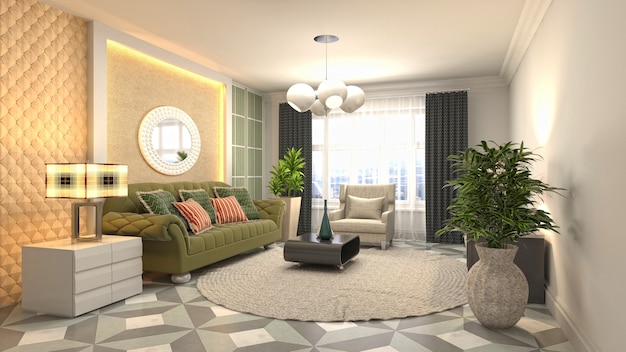 Representación 3D de una moderna sala de estar