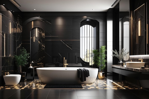 Representación 3D de un moderno baño negro con una decoración de azulejos de lujo