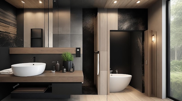 Representación 3D de un moderno baño negro de madera y piedra.