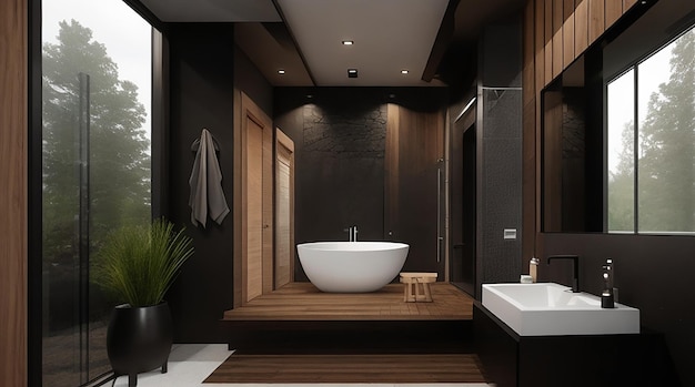 Representación 3D de un moderno baño negro de madera y piedra.