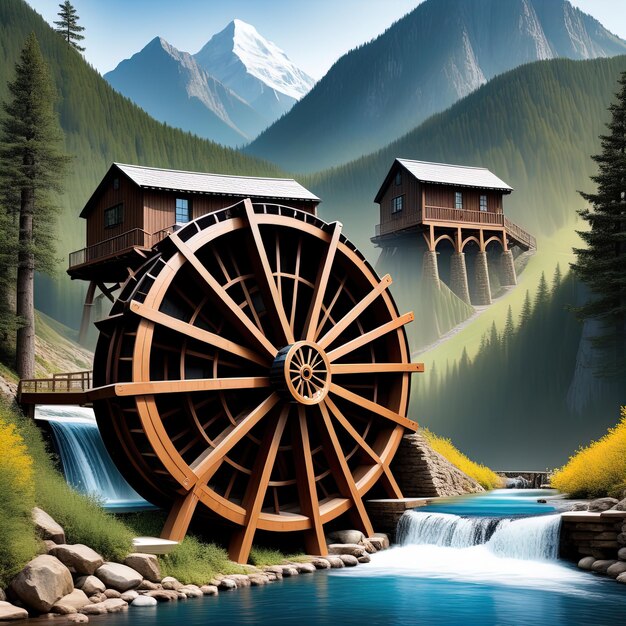 Representación 3D de un molino de madera. Ilustración de un puente de madera en las montañas.
