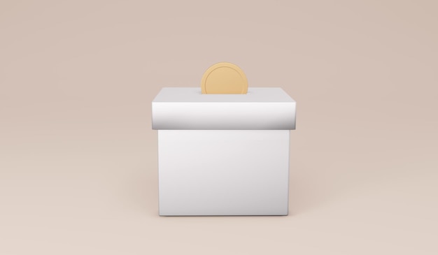 Representación 3D de una moneda de dinero en una caja en concepto de fondo de donación, tarro de dinero, ahorros. Ilustración de render 3D.