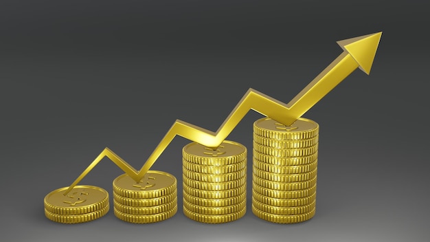 Representación 3D de moneda de oro con gráfico de tendencia ascendente Concepto de negocios y finanzas