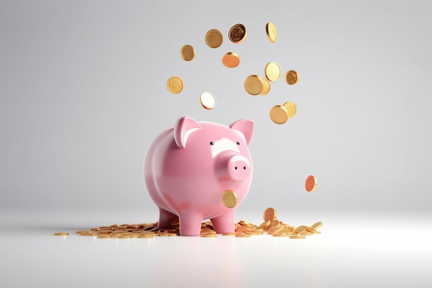 Una representación 3D de una moneda de oro que cae en una alcancía rosa que representa el concepto de ahorrar dinero y hacer inversiones para obtener ganancias y dividendos
