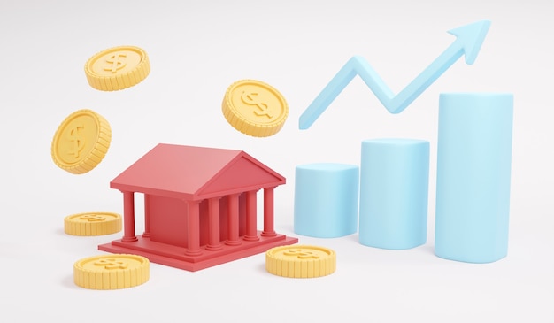 Representación 3D de las monedas y el gráfico del icono del edificio del gobierno se elevan sobre el concepto de fondo de la inversión en bonos del gobierno. Ilustración de render 3D.