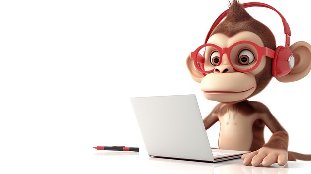 Una representación 3D de un mono de dibujos animados con auriculares y gafas rojas sentado en un escritorio y usando una computadora portátil El mono sostiene un bolígrafo y sonríe