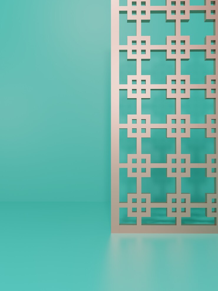 Representación 3D monocromática turquesa y oro rosa claro Studio shot fondo con pantalla de decoración de estilo chino para exhibición de productos de alimentos y bebidas de belleza