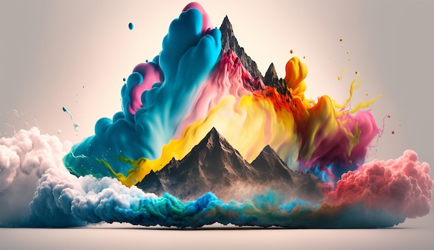 Representación 3D de una montaña con una nube de humo de colores y agua mezclada en forma de pintura en aerosol Imagen generada por IA