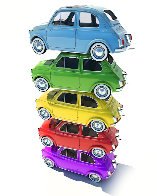 Representación 3D de un montón de autos compactos retro en diferentes colores