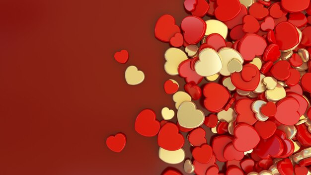 Representación 3D de un montón de corazones rojos y dorados sobre fondo rojo oscuro