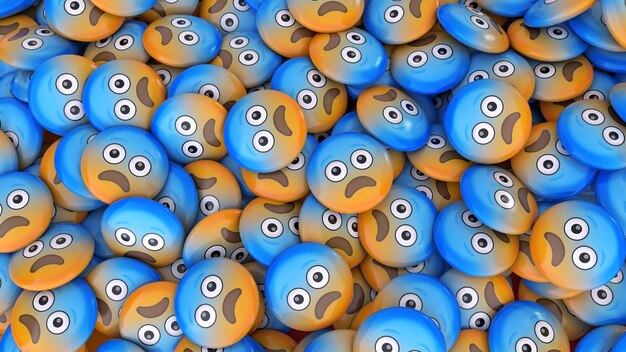 Foto representación 3d de un montón de emojis con caras asustadas