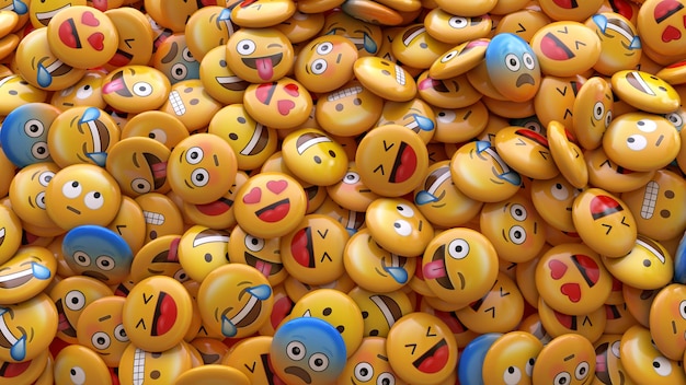 Representación 3D de un montón de emojis con caras que representan diferentes emociones