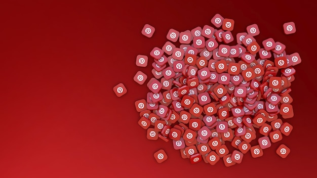 Representación 3D de un montón de insignias cuadradas con el logo de Pinterest sobre fondo rojo.