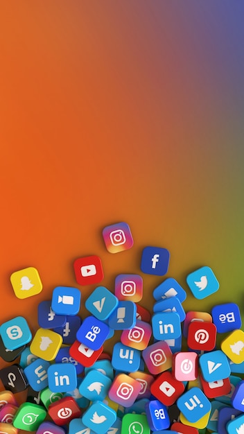 Representación 3D de un montón de insignias cuadradas con el logo de las principales aplicaciones de redes sociales sobre un colorido fondo vertical