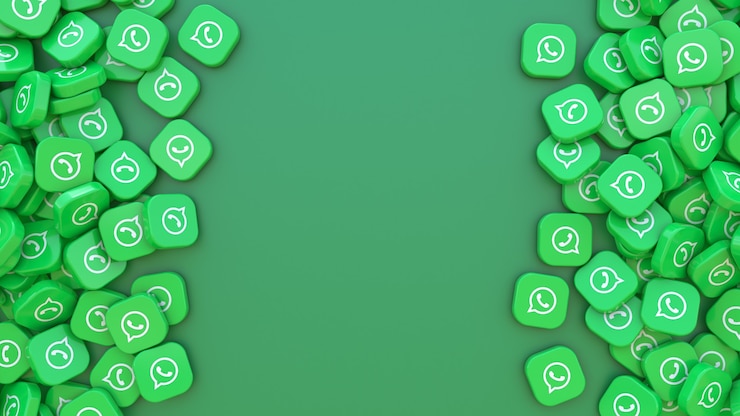 Foto representación 3d de un montón de insignias cuadradas con el logo de whatsapp sobre fondo verde