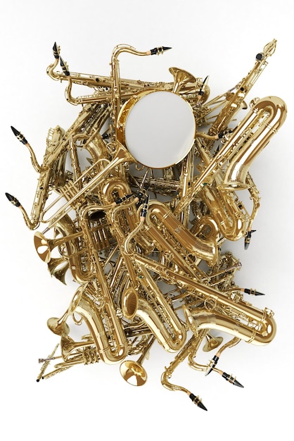 Representación 3D de un montón de saxofones y otros instrumentos musicales