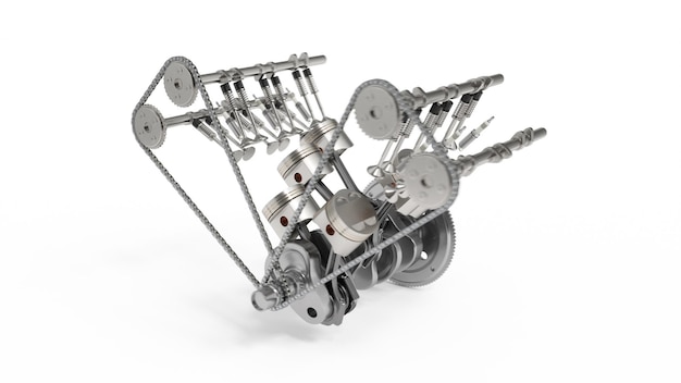 Representación 3D de un motor de combustión interna. Partes del motor, cigüeñal, pistones, sistema de suministro de combustible. Pistones del motor V6 con cigüeñal aislado en blanco. Ilustración del motor del coche en el interior.