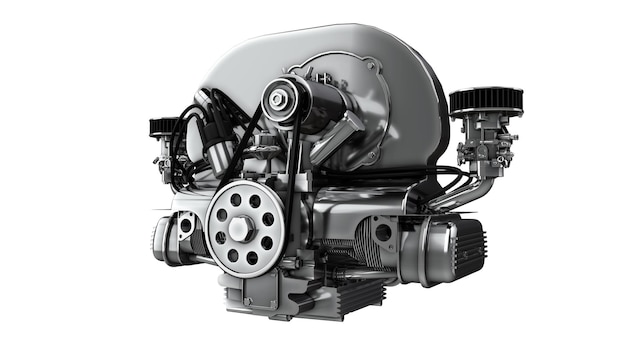 Representación 3D del motor refrigerado por aire clásico aislado sobre fondo blanco