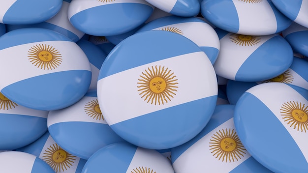 Representación 3d de muchas insignias con la bandera argentina en una vista de primer plano