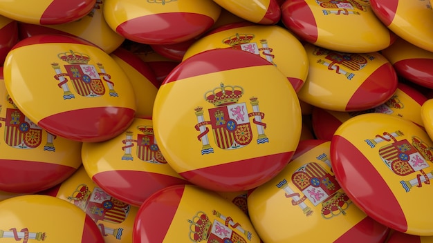 Representación 3d de muchas insignias con la bandera española en una vista de primer plano