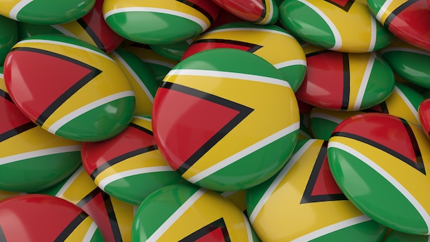 Representación 3d de muchas insignias con la bandera de Guyana en una vista de primer plano