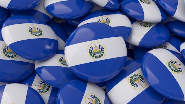 Foto representación 3d de muchas insignias con la bandera salvadoreña en una vista de primer plano