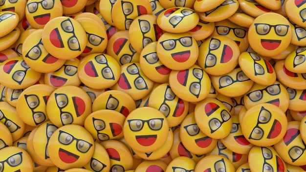 Representación 3d de muchos emojis con gafas y cara feliz