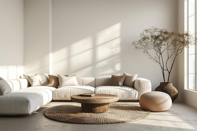 Una representación en 3D muestra un espacio de vida contemporáneo que exuda comodidad con muebles modernos dispuestos de nuevo