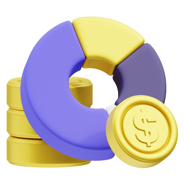 Una representación 3D muestra un gráfico circular junto a monedas de oro que representan el análisis de datos financieros