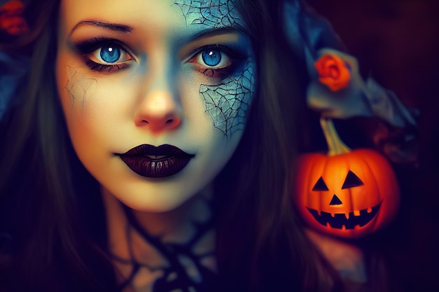 Representación 3d de una mujer hermosa con maquillaje para halloween y decoración de halloween