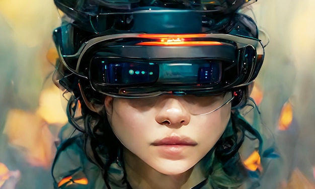Representación 3D de la mujer que lleva gafas de auriculares 3d VR mira hacia el ciberespacio del futuro del metaverso
