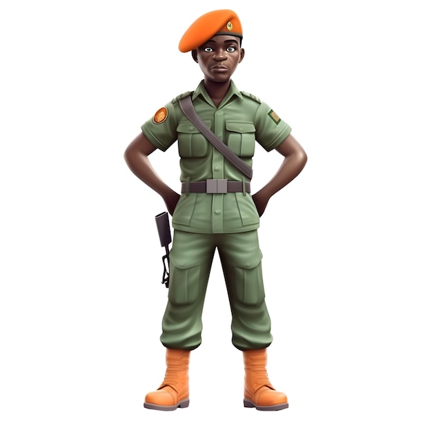 Representación 3D de una mujer soldado afroamericano aislado sobre fondo blanco.