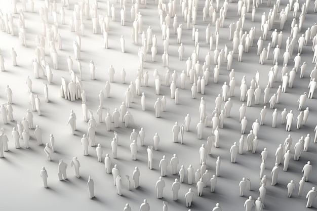 Representación 3D de una multitud de personas en forma de hombre Multitud de personas sobre fondo blanco Ilustración de representación 3D generada por AI