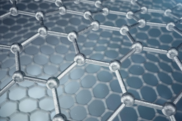 Representación 3d nanotecnología abstracta forma geométrica hexagonal primer plano, concepto estructura atómica de grafeno, concepto estructura molecular de grafeno.