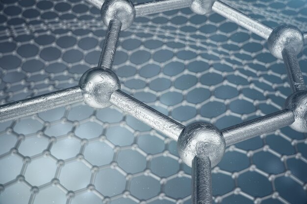 Representación 3d nanotecnología abstracta forma geométrica hexagonal primer plano, concepto estructura atómica de grafeno, concepto estructura molecular de grafeno.