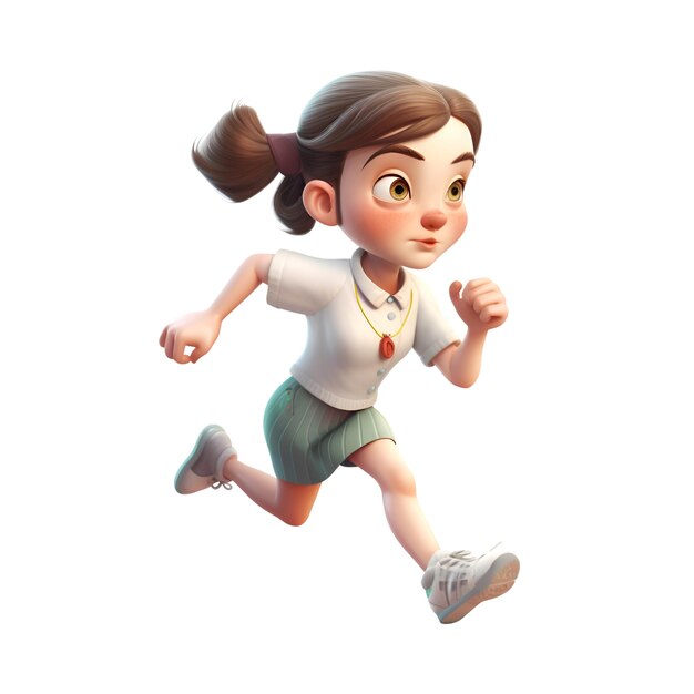 Representación 3D de una niña corriendo aislada sobre fondo blanco