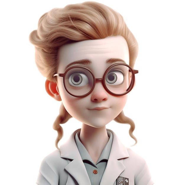 Representación 3D de una niña con gafas y bata de laboratorio