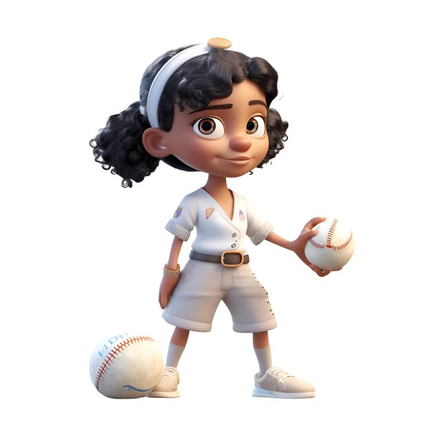 Representación 3D de una niña jugadora de béisbol con un fondo blanco