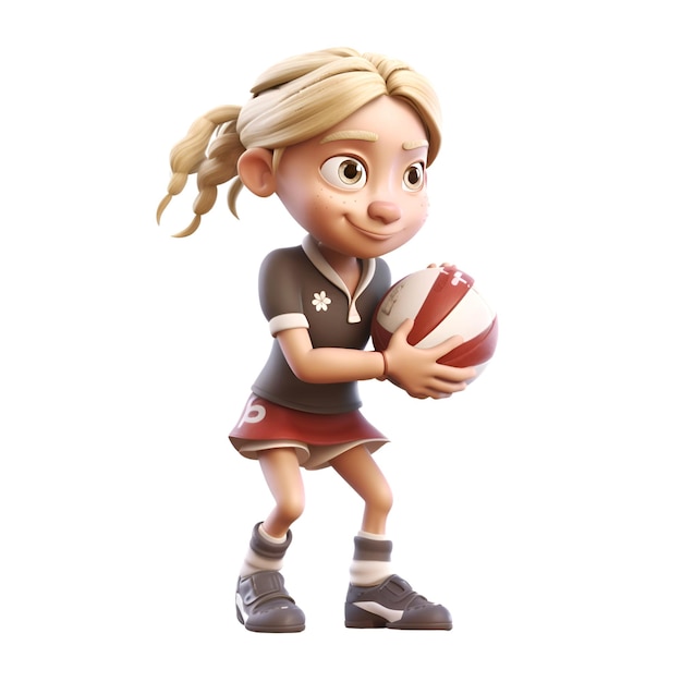 Representación 3D de una niña jugando al rugby aislado sobre fondo blanco.