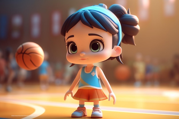 Representación 3D de una niña jugando baloncesto en una cancha de baloncesto