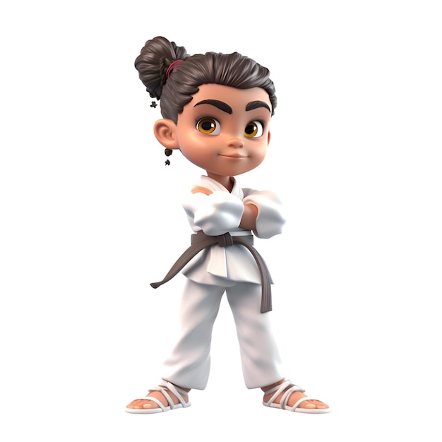 Representación 3D de una niña de karate aislada sobre fondo blanco