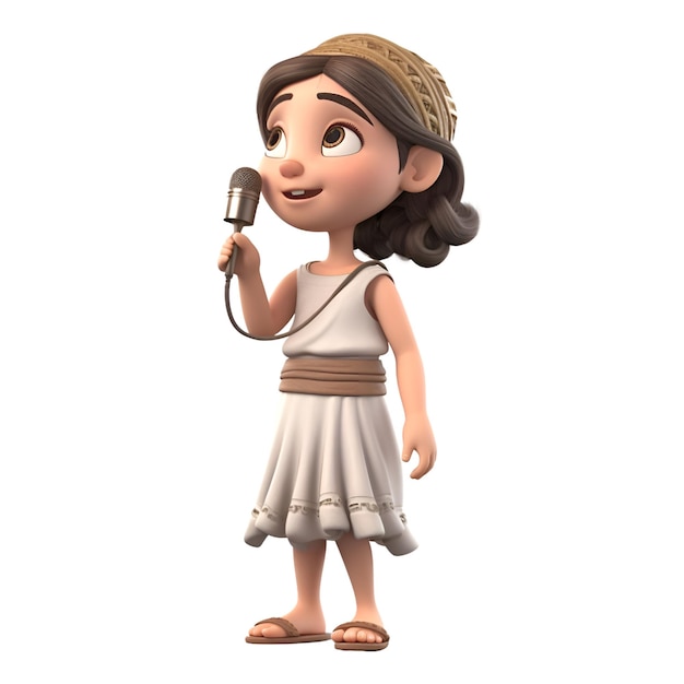 Representación 3D de una niña con un micrófono sobre fondo blanco.