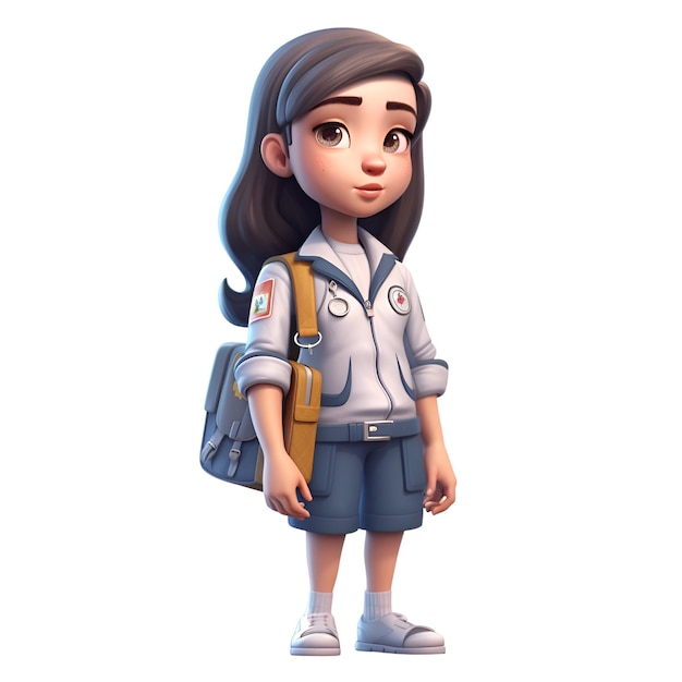 Representación 3D de una niña con mochila aislado sobre fondo blanco.