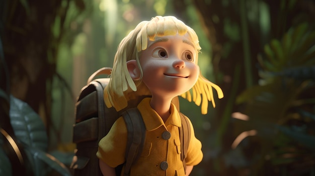 Representación 3d de una niña con una mochila en la jungla