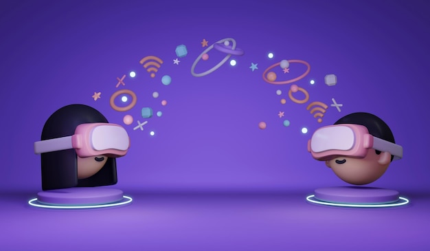 Representación 3D de niña niño con gafas de realidad visual que comparten el concepto de plataforma de información de la tecnología VR Metaverse 3D Render ilustración estilo de dibujos animados