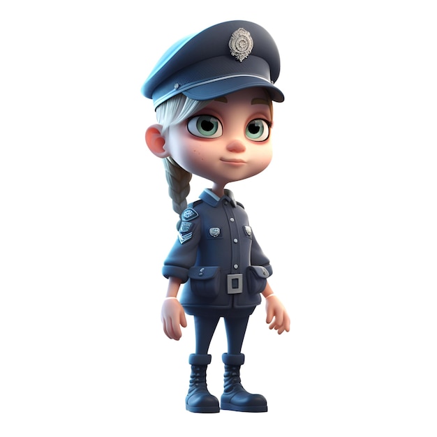 Representación 3D de una niña policía con gorra y uniforme azul