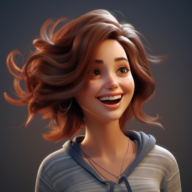 Representación 3D de una niña con una sonrisa en su rostro.