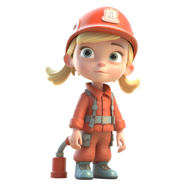 Foto representación 3d de una niña con uniforme de bombero