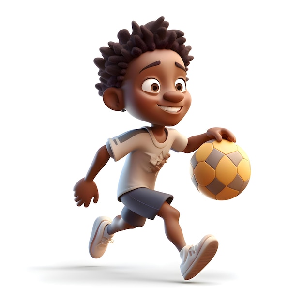 Representación 3D de un niño afroamericano corriendo con una pelota de fútbol